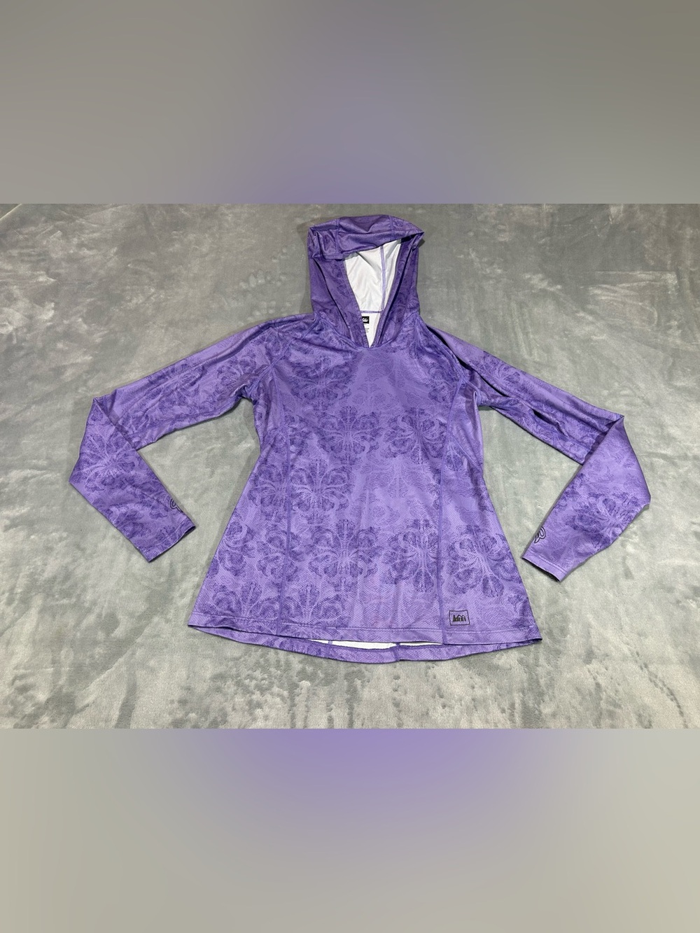 REI womens S purple floral thumbhole l/s wicking hooded running top